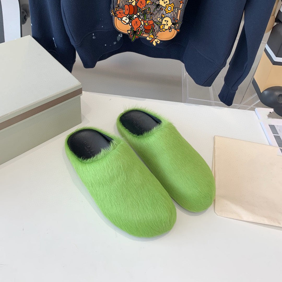 Marni Long Hair Calfskin Fussbett Sabot Green