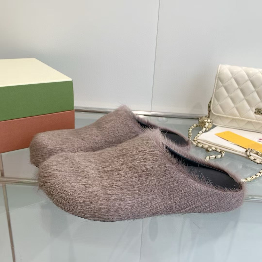 Marni Long Hair Calfskin Fussbett Sabot Taupe Grey