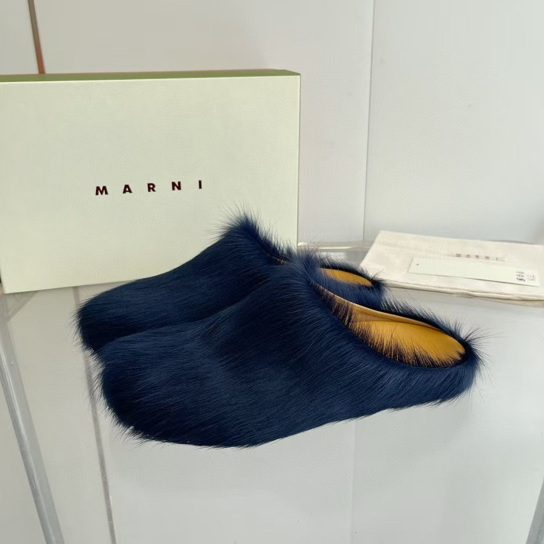 Marni Long Hair Calfskin Fussbett Sabot Navy Blue