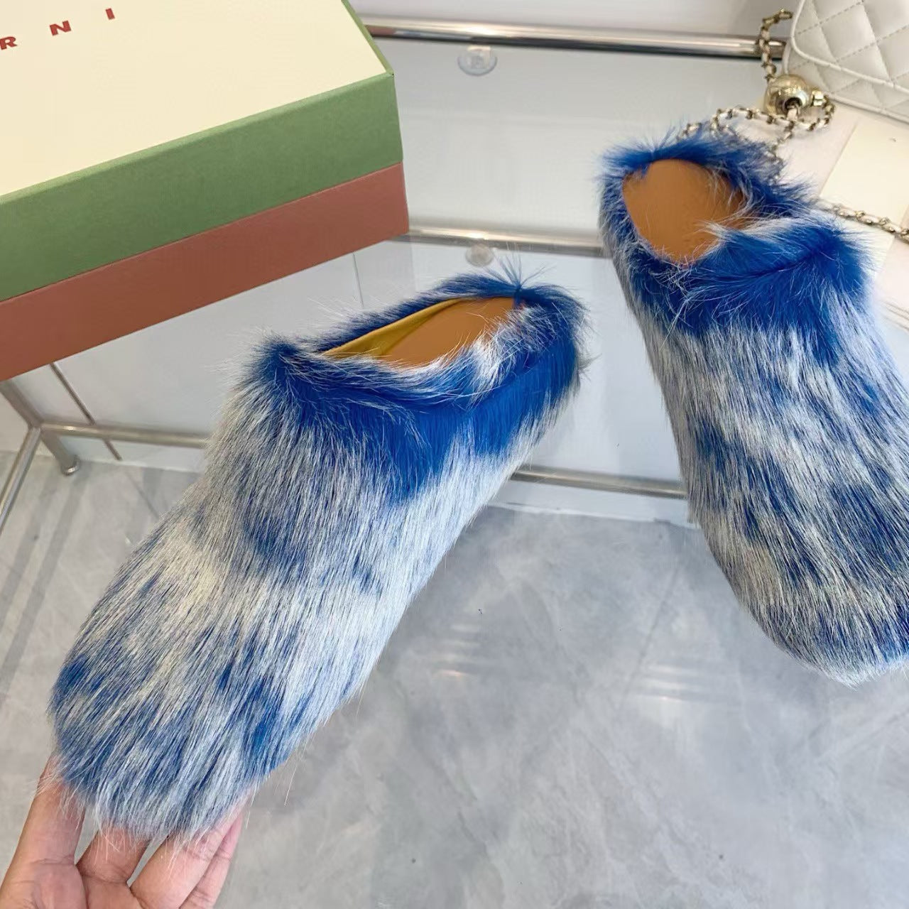 Marni Long Hair Calfskin Fussbett Sabot White Blue