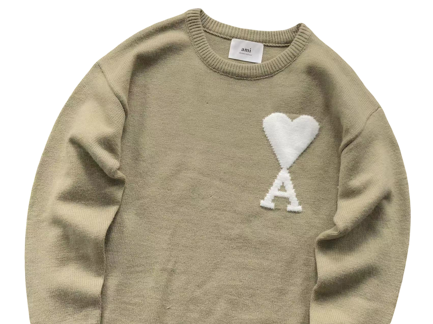 AMI Paris Maxi White Heart Knit Sweater Sand