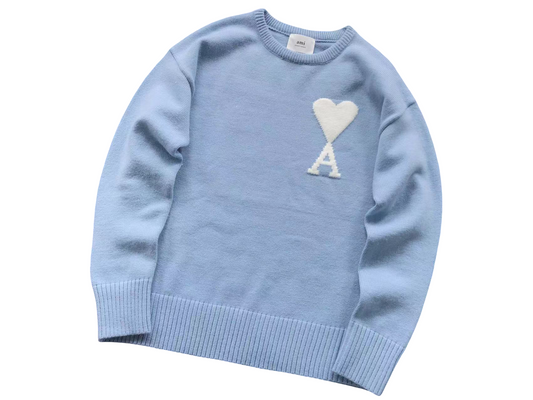 AMI Paris Maxi White Heart Knit Sweater - (BLUE)