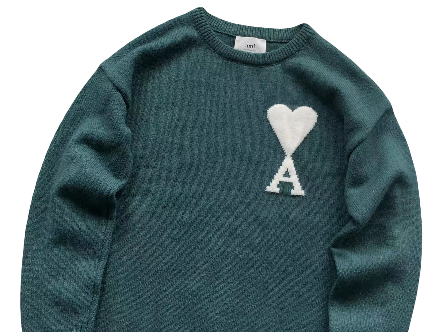 AMI Paris Maxi White Heart Knit Sweater - (TEAL)
