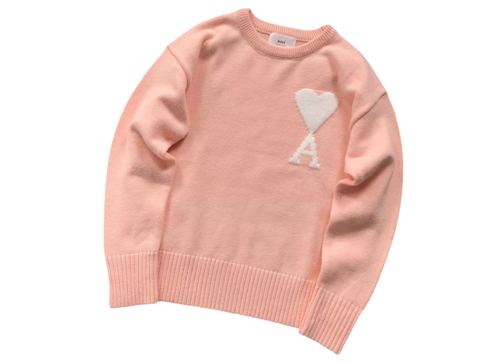 AMI Paris Maxi White Heart Knit Sweater - (PINK)