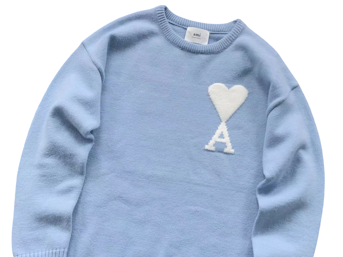 AMI Paris Maxi White Heart Knit Sweater - (BLUE)