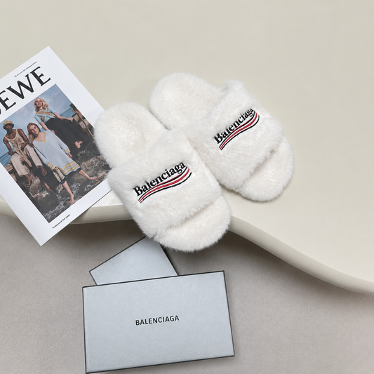 Balenciaga Furry Velvet Slide White