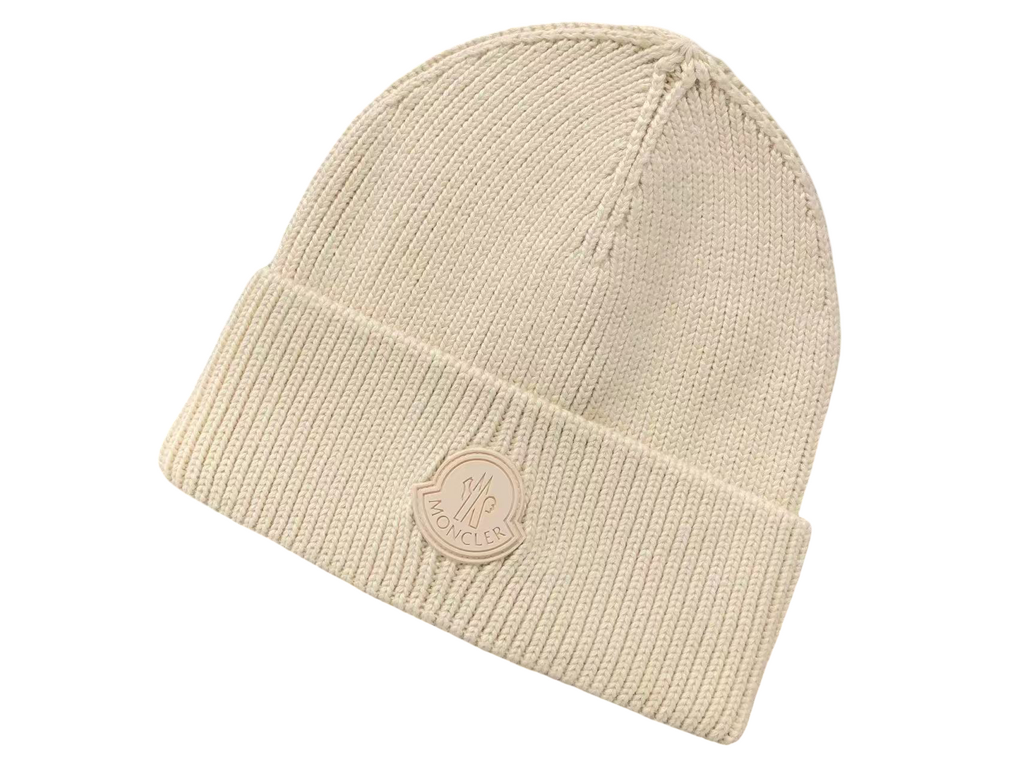 Moncler Black Logo Beanie Cream