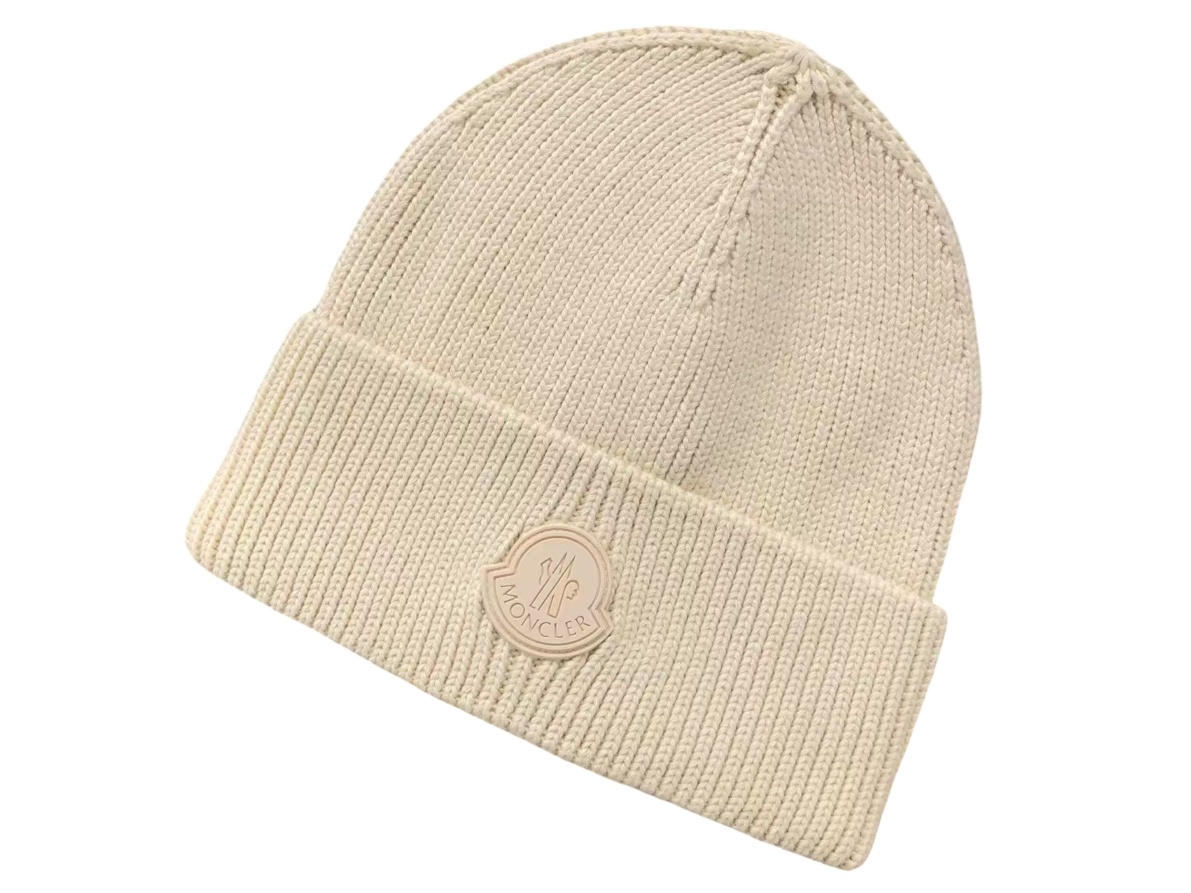 Moncler Black Logo Beanie Cream
