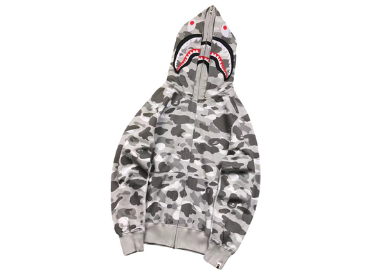 BAPE Camo Shark Wide Full Zip Double Hoodie Light Grey
