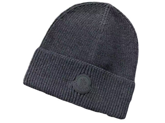 Moncler Black Logo Beanie Grey