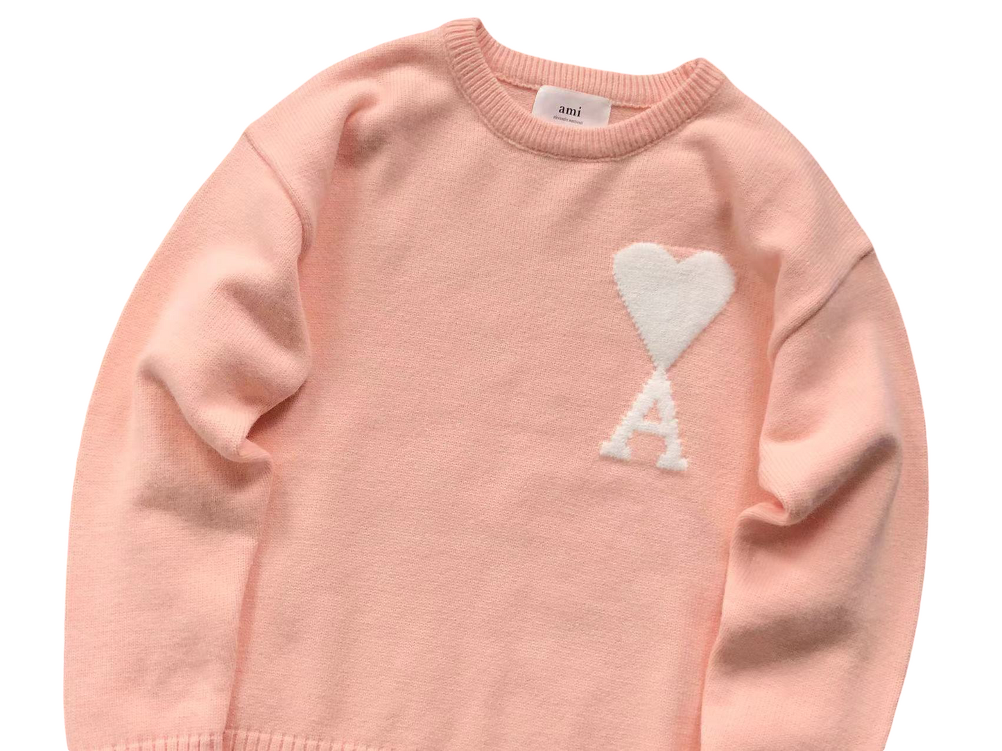AMI Paris Maxi White Heart Knit Sweater - (PINK)