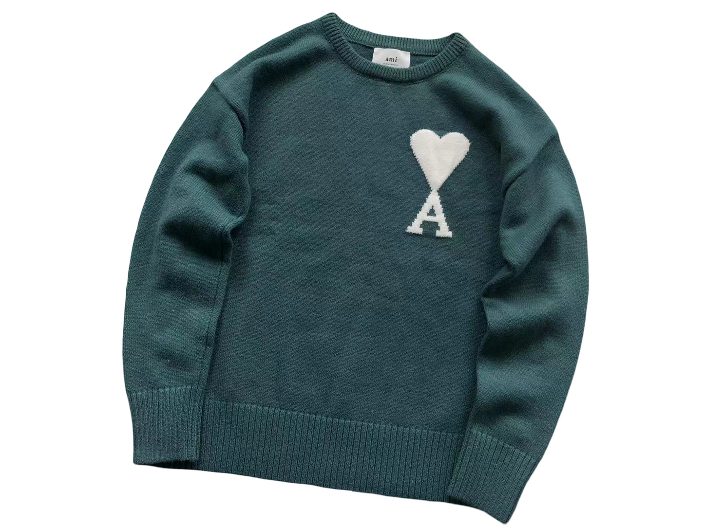 AMI Paris Maxi White Heart Knit Sweater - (TEAL)