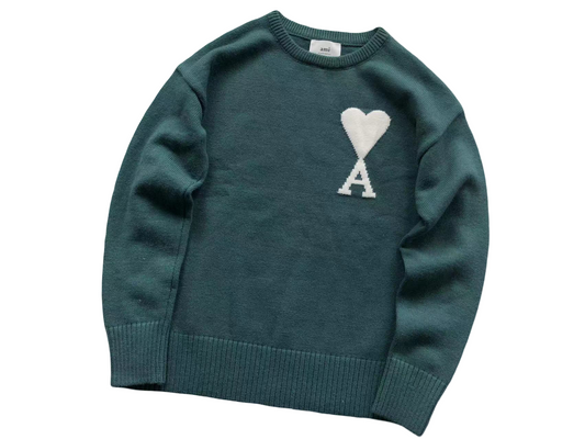 AMI Paris Maxi White Heart Knit Sweater - (TEAL)
