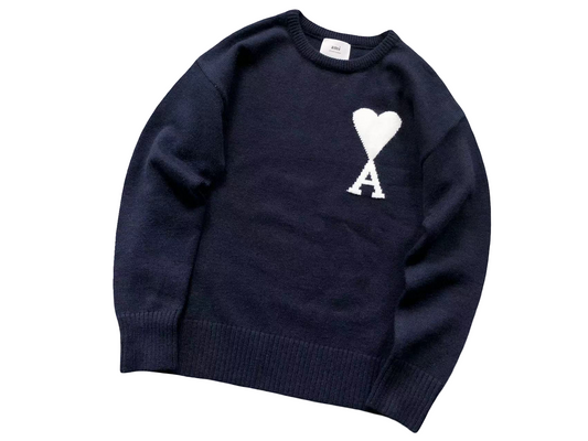 AMI Paris Maxi White Heart Knit Sweater - (NAVY)