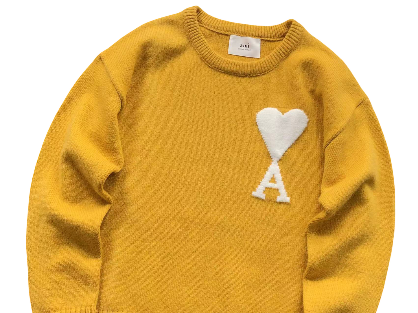 AMI Paris Maxi White Heart Knit Sweater Yellow
