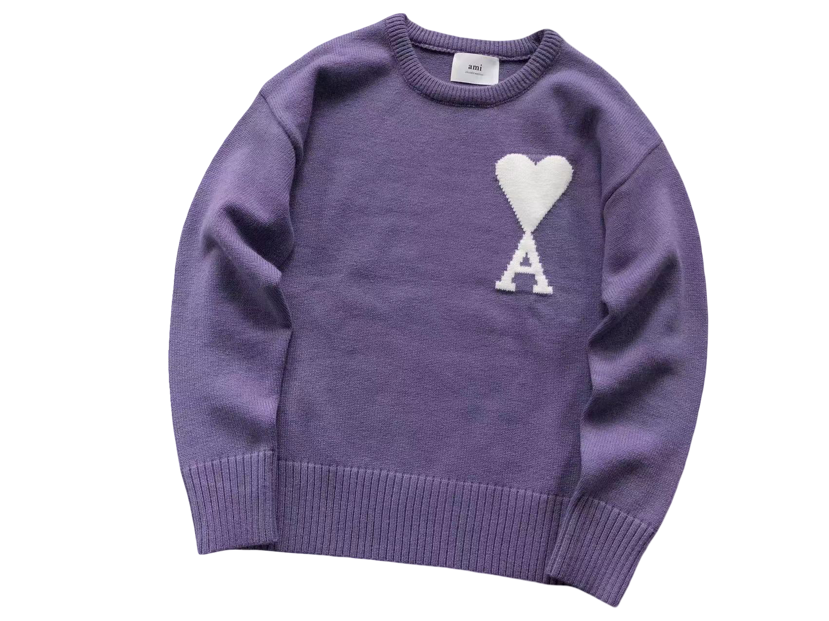 AMI Paris Maxi White Heart Knit Sweater Purple