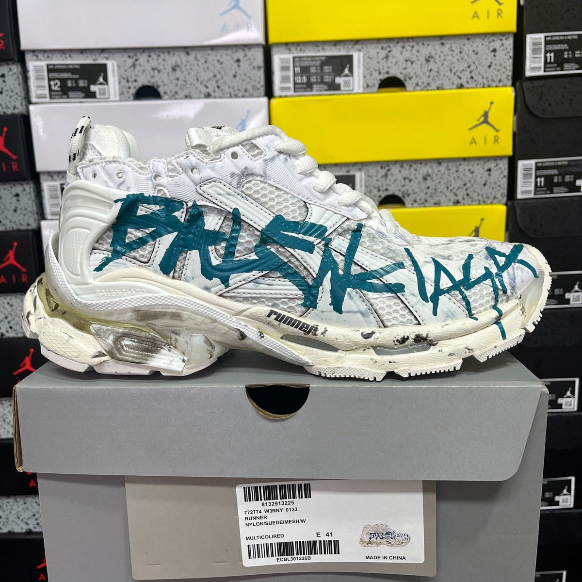 Balenciaga Runner 7.5 White Blue Dirty Graffiti