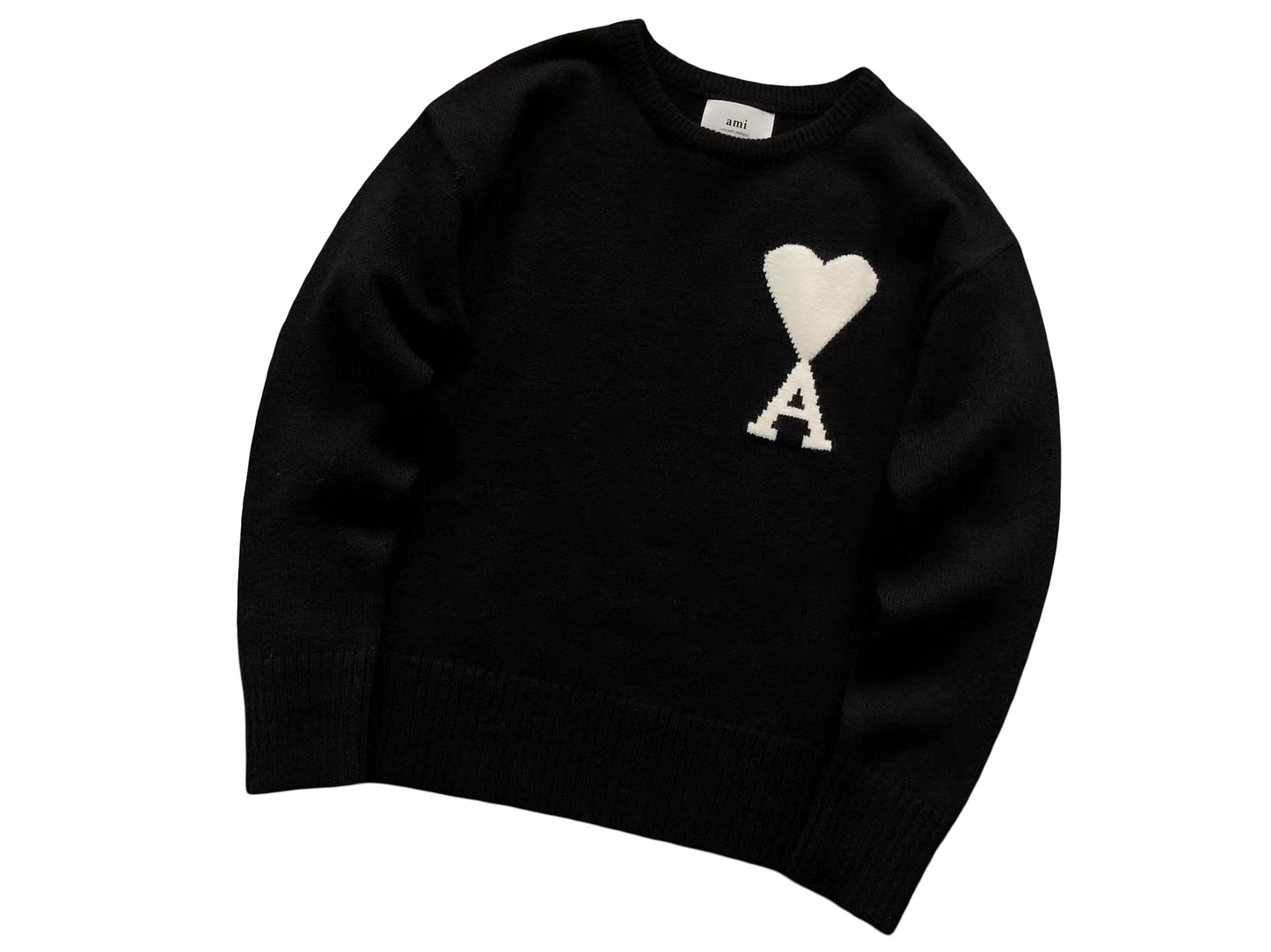 AMI Paris Maxi White Heart Knit Sweater - (BLACK)