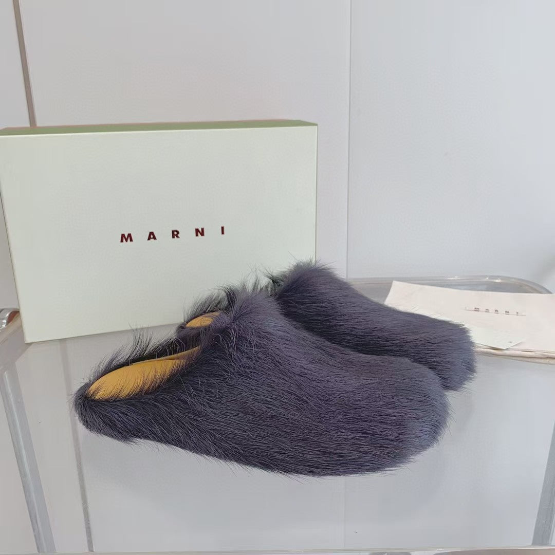 Marni Long Hair Calfskin Fussbett Sabot Dark Lavender