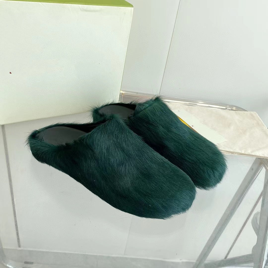 Marni Long Hair Calfskin Fussbett Sabot Teal Green