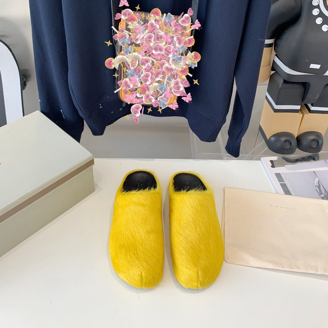 Marni Long Hair Calfskin Fussbett Sabot Yellow