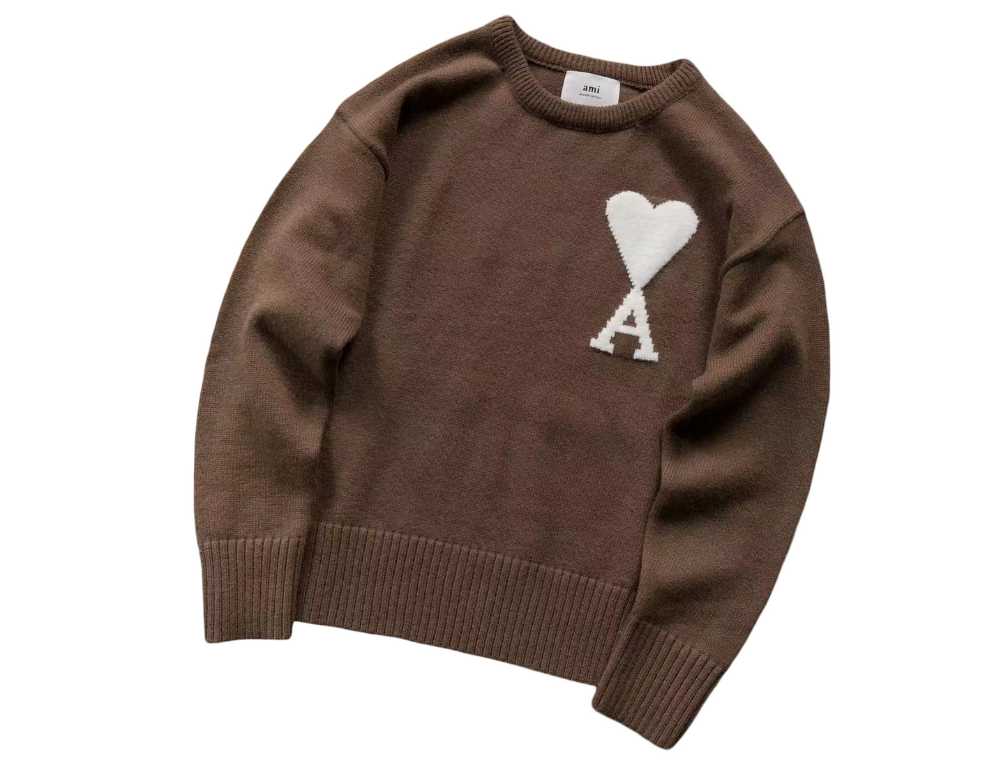 AMI Paris Maxi White Heart Knit Sweater - (BROWN)
