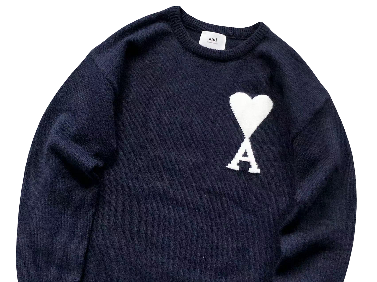 AMI Paris Maxi White Heart Knit Sweater Navy