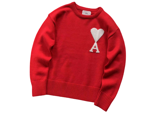 AMI Paris Maxi White Heart Knit Sweater - (RED)