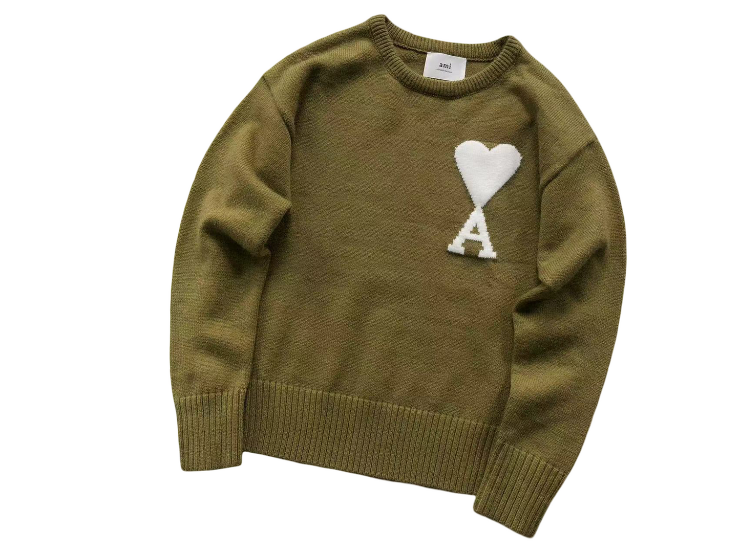 AMI Paris Maxi White Heart Knit Sweater - (KHAKI)