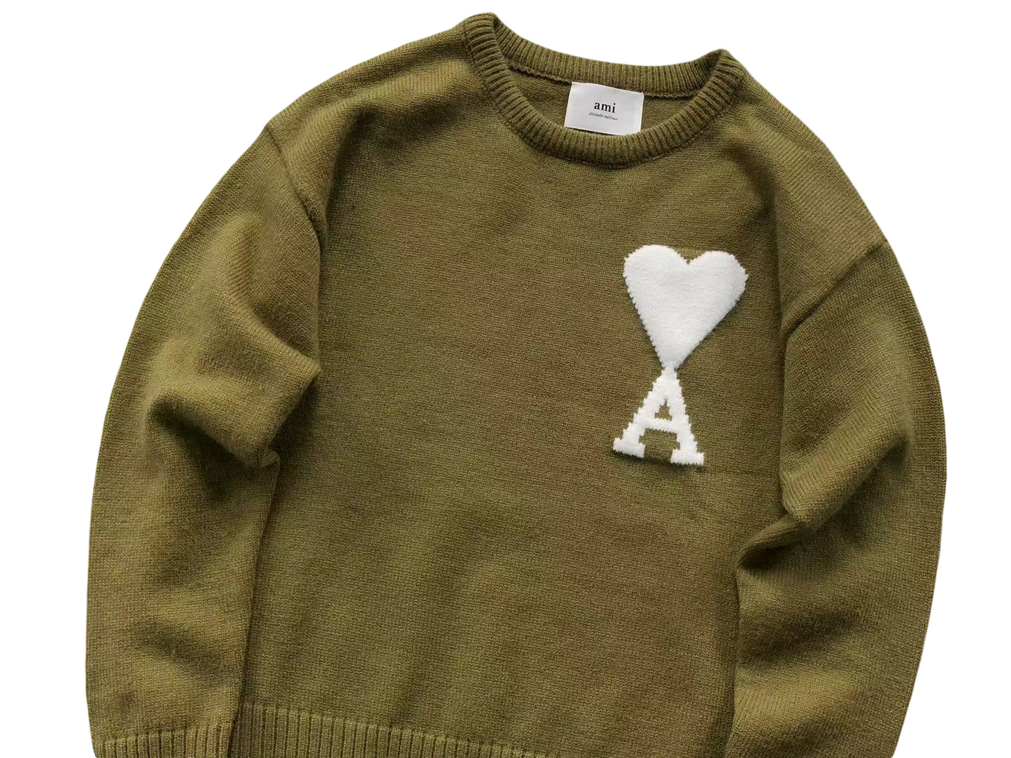 AMI Paris Maxi White Heart Knit Sweater - (KHAKI)