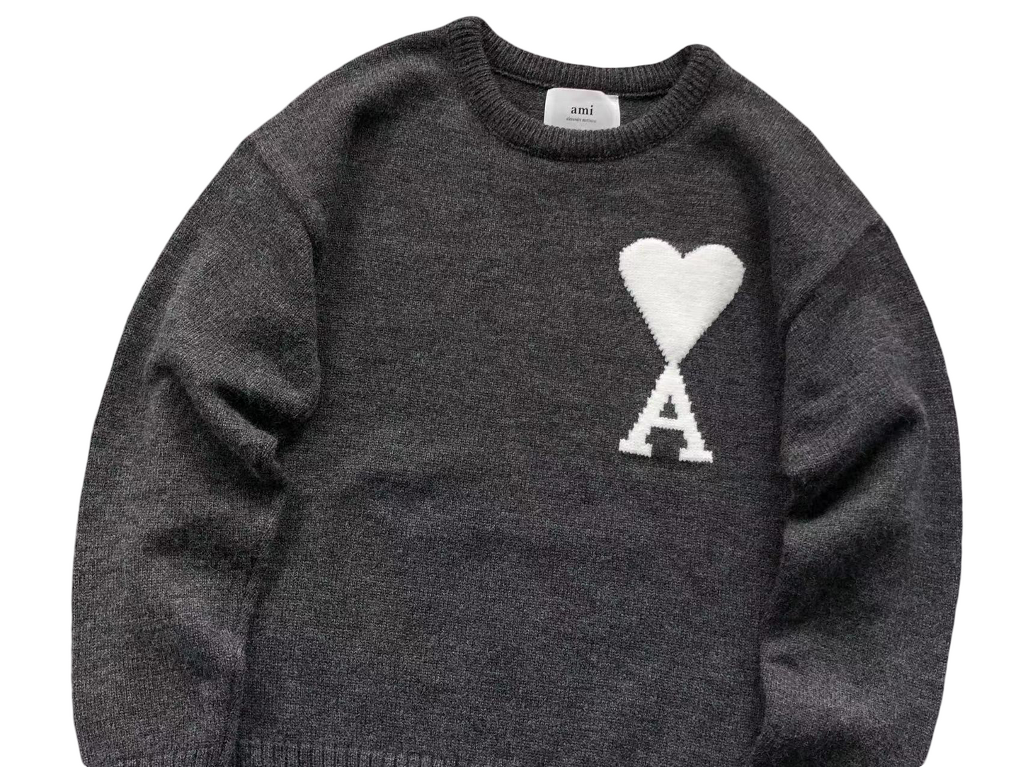 AMI Paris Maxi White Heart Knit Sweater - (ANTHRACITE)