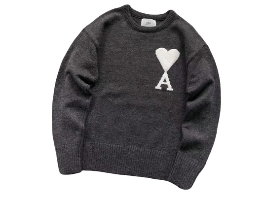 AMI Paris Maxi White Heart Knit Sweater - (ANTHRACITE)